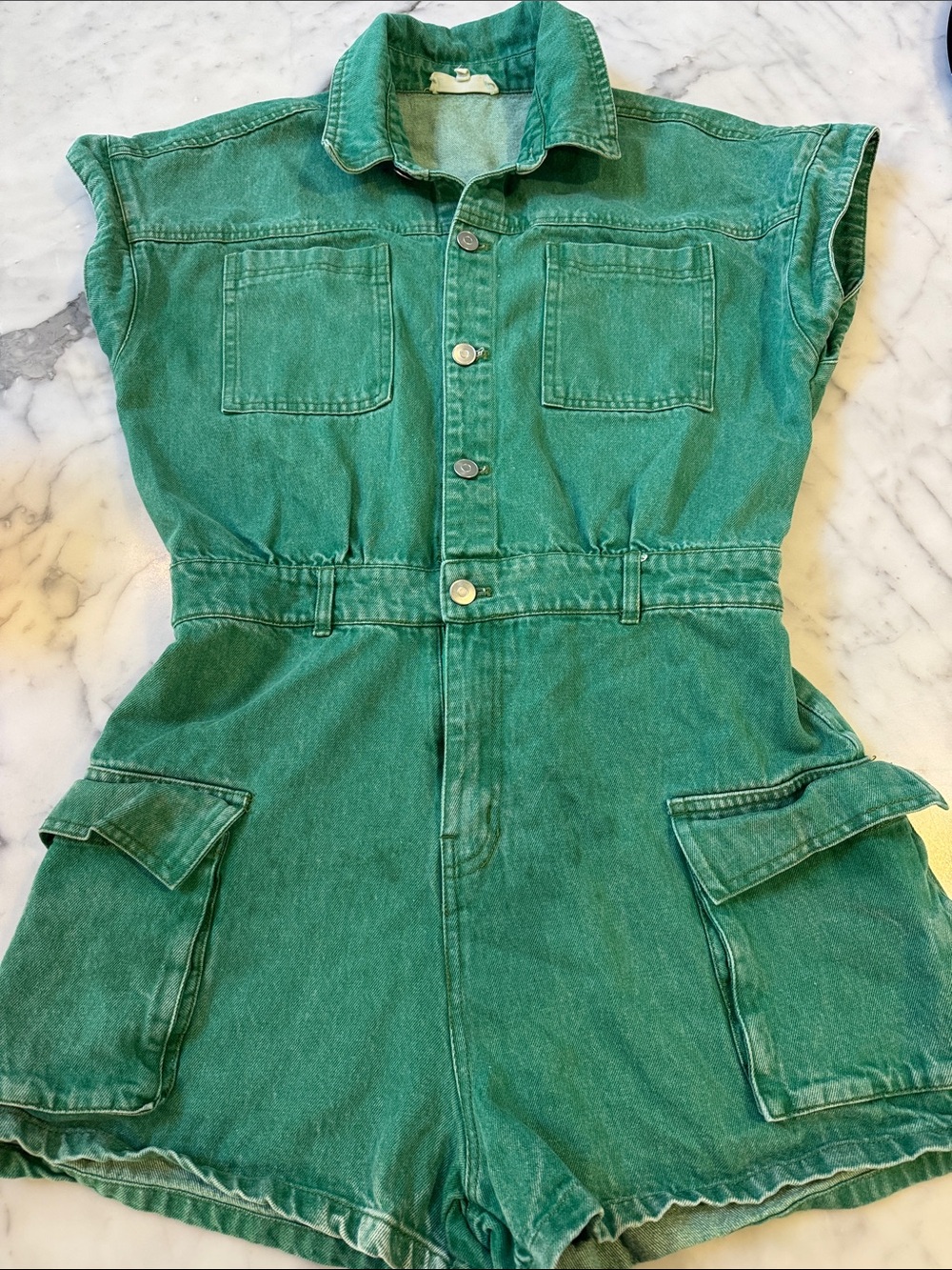 Peach Love California Green Denim Romper